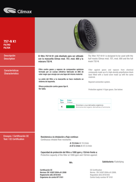 Filtros para Respiradores Climax 732 & 800 p/ Gases, Vapores Orgánicos y Partículas.s