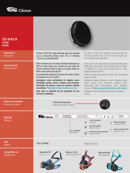 Filtros para Respiradores Climax 732 & 800 p/ Gases, Vapores Orgánicos y Partículas.s