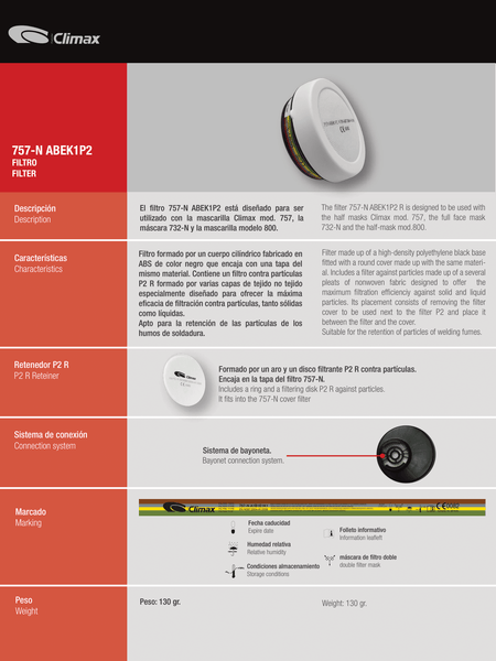 Filtros para Respiradores Climax 732 & 800 p/ Gases, Vapores Orgánicos y Partículas.s