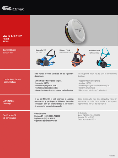 Filtros para Respiradores Climax 732 & 800 p/ Gases, Vapores Orgánicos y Partículas.s